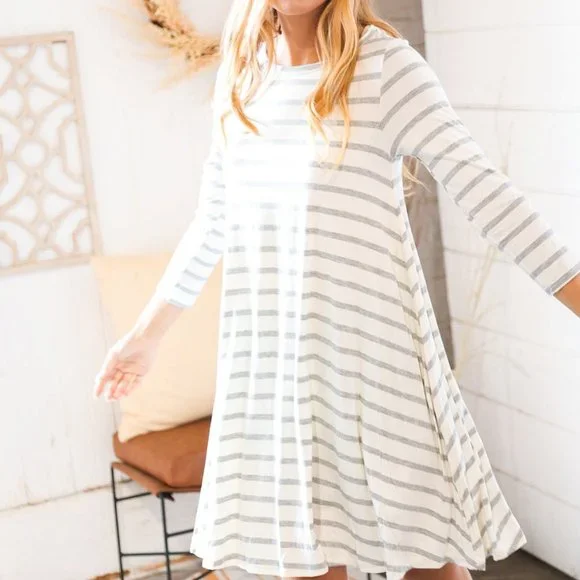 Heather Grey Ivory Stripe 3/4 Sleeve Dress with pockets - Picture 2 of 11